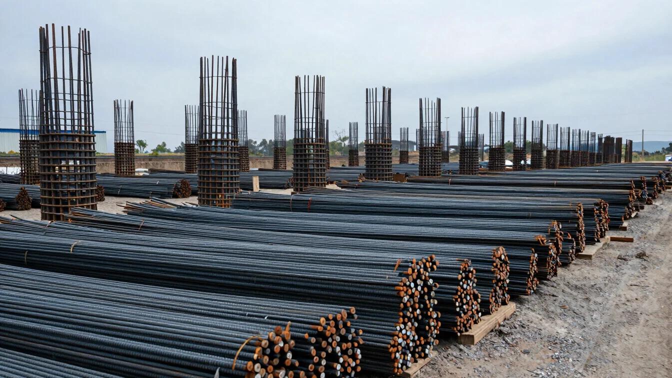 Linear perspective along stacked bundles of structural rebar in an open industrial storage yard, cool desaturated iron t