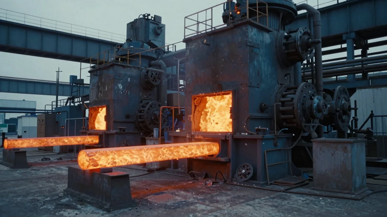 Industrial furnace operations showing glowing iron billets emerging under natural orange furnace light, heavy steel manu