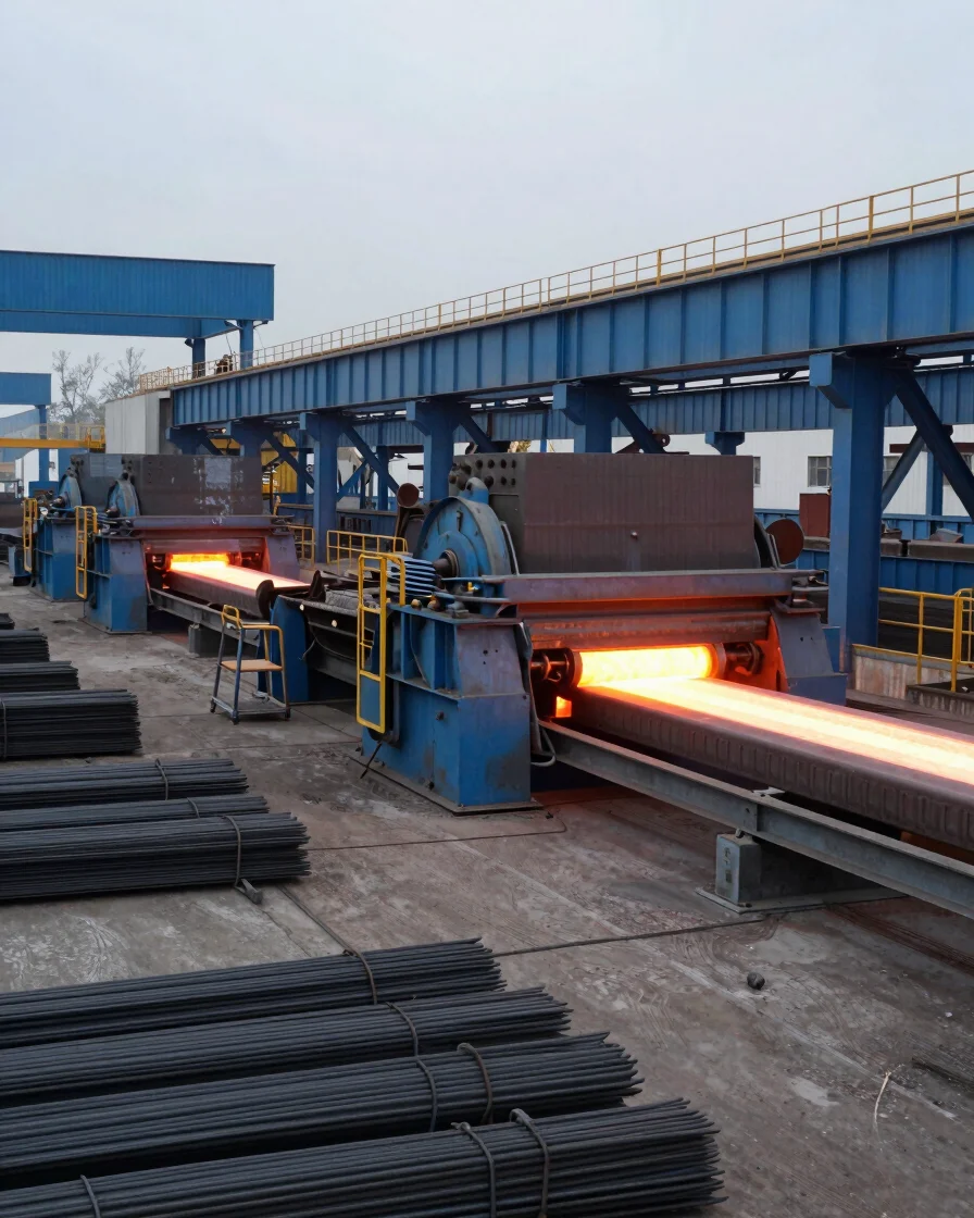 Wide environmental industrial shot of a steel rolling mill, molten glow and structured rebar stacks under overcast dayli