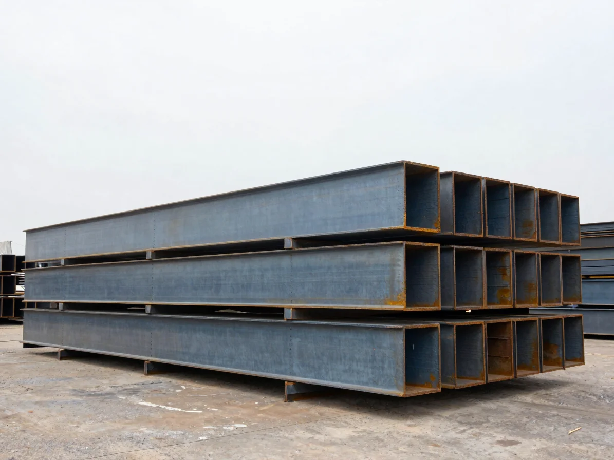 Wide environmental facility shot of stacked structural steel beams in an industrial storage yard under crisp overcast da