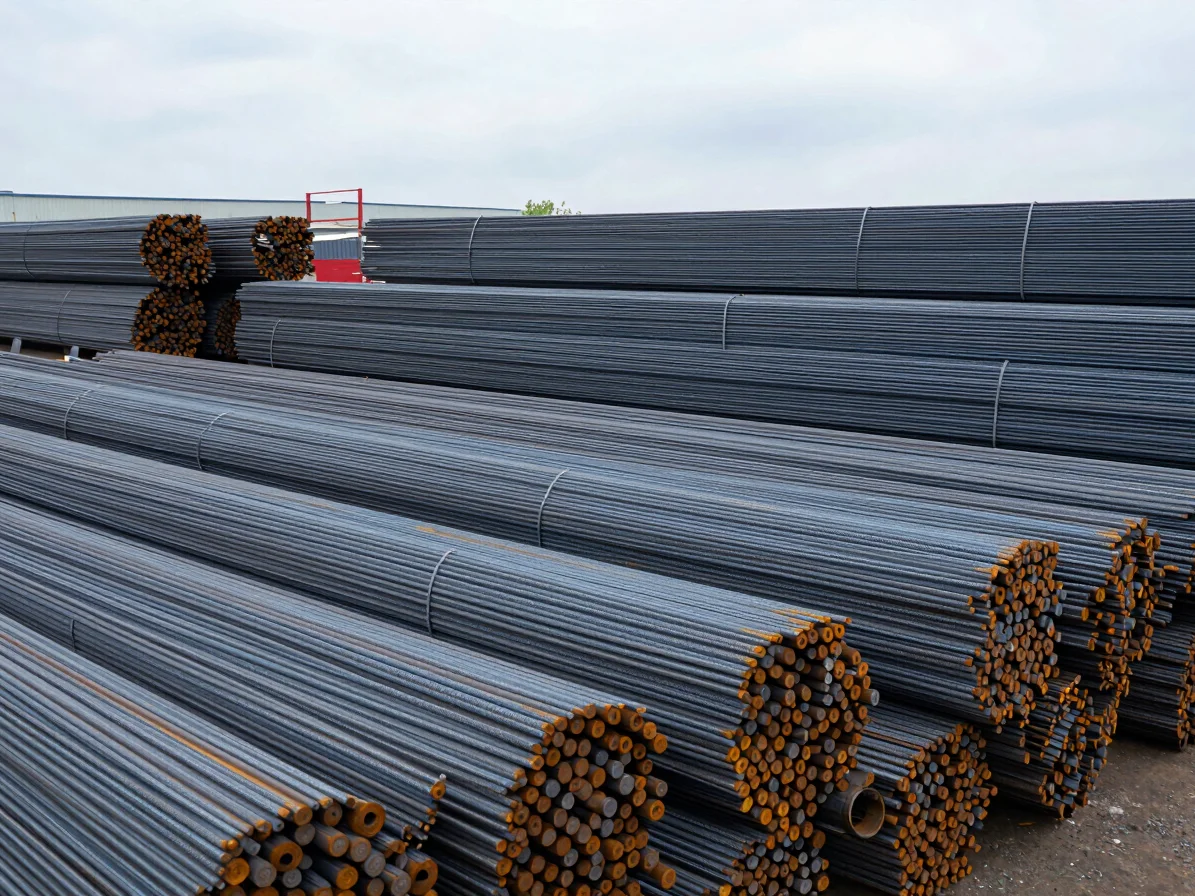 Steel rolling mill interior with stacks of high-tensile steel rebar under cool overcast outdoor light, sharp focus, 35mm
