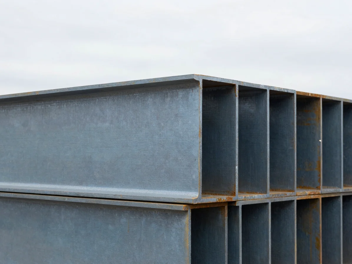 Precision architectural close-up of structural steel cross-sections in an industrial setting, crisp overcast daylight, 3