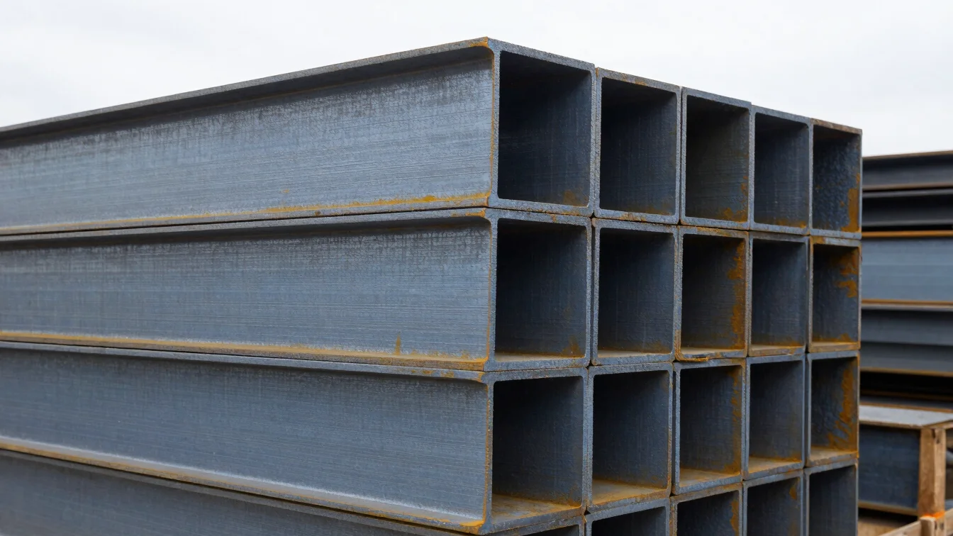 Precise architectural close-up of structural steel H-beams stacked in an industrial storage yard under cool overcast day